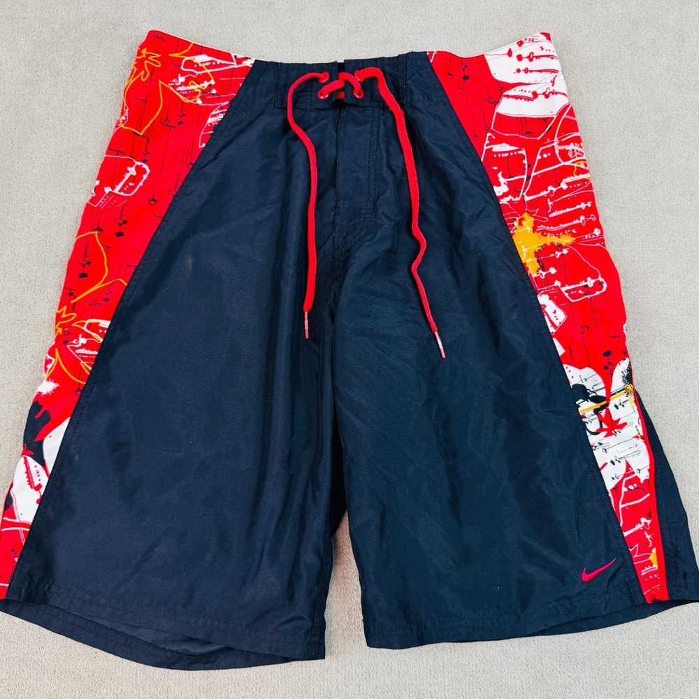 Vtg Nike Board Swim Trunks Shorts Mens 32x11 Black Red Floral Unlined Drawstring